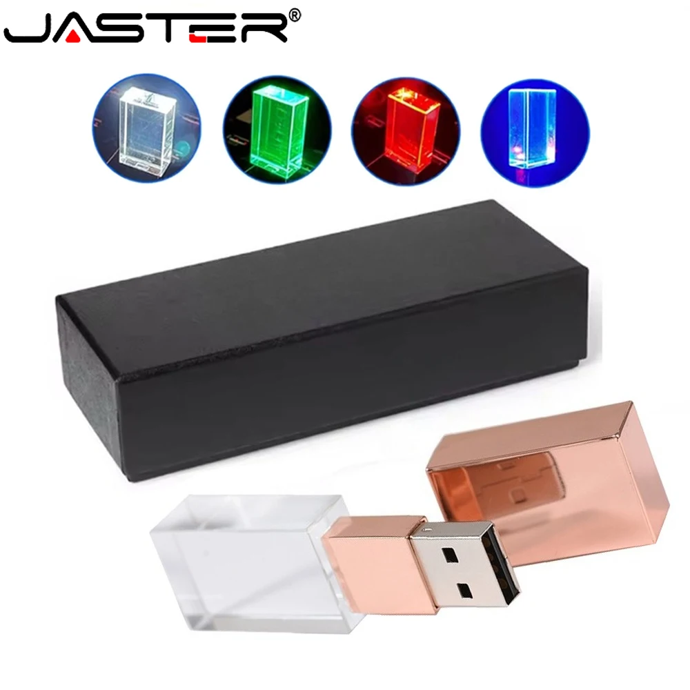 

JASTER светодиодный кристалл USB 2,0 флэш-накопитель маленькая черная коробка подарок для свадебной фотографии золотая карта памяти прозрачный стеклянный флэш-накопитель 4 ГБ