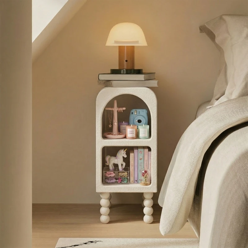 

Cream Style Wooden Nightstand Slim Fit Bedside Table for Narrow Space Small Bedroom Side Storage Cabinet Functional Durable Desk