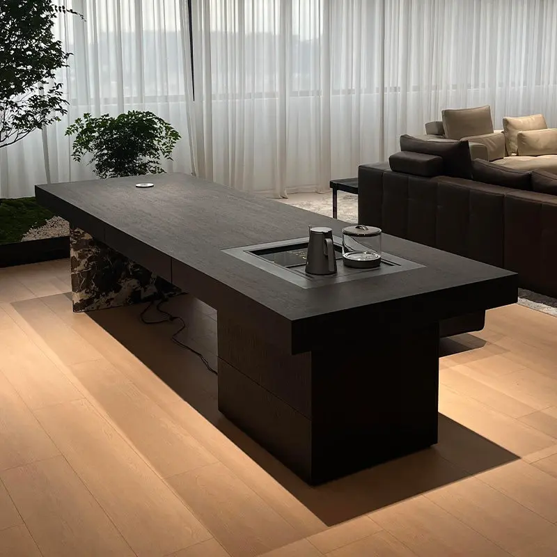 New Chinese solid wood new high-end tea table light luxury embedded lifting table tea table black walnut