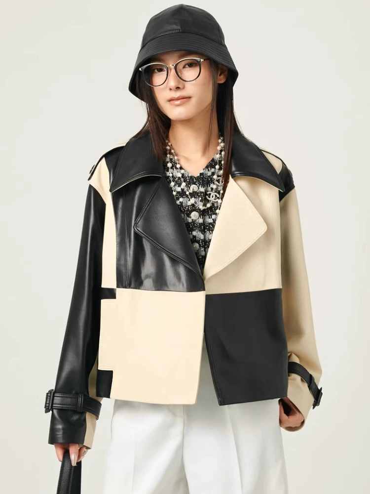 Genuine Leather Motorcycle Jacket Women Spring Autumn High-end Simple Black White Contrast Design Soft Short Real Sheepskin Coat