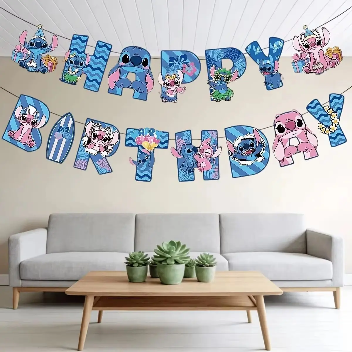 15pcs Disney Stitch flags, cute cartoon party supplies, Happy Birthday banner, party wall decorations, party scene decoration