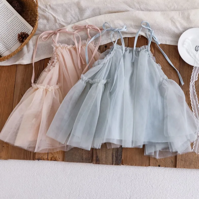 Newborn Baby Girl Cotton Suspender Tulle Princess Dress Infant Toddler Sleeveless Bow Solid Vestido Birthday Summer Clothes 0-2Y