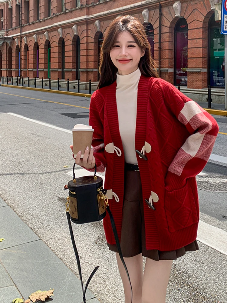 Roter Strickpullover mit Knöpfen für Damen, Frühling 2025, Sweet Sle College Wind Long Sve ort Länge, offene Strickjacke