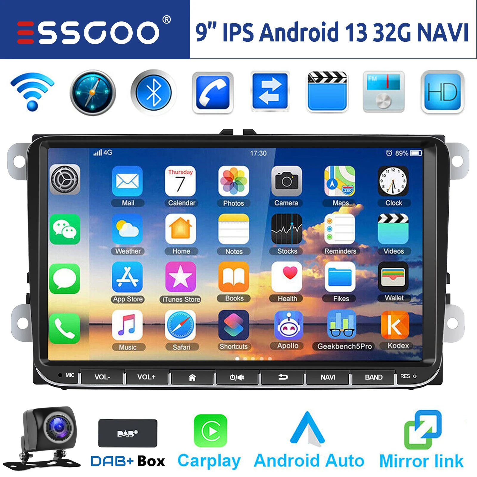 ESSGOO 9 "Android 14 4G + 64G Apple Carplay Autoradio GPS NAVI WIFI RDS FM BT voor VW Golf 5 6 Passat Polo Touran Tiguan Caddy EOS