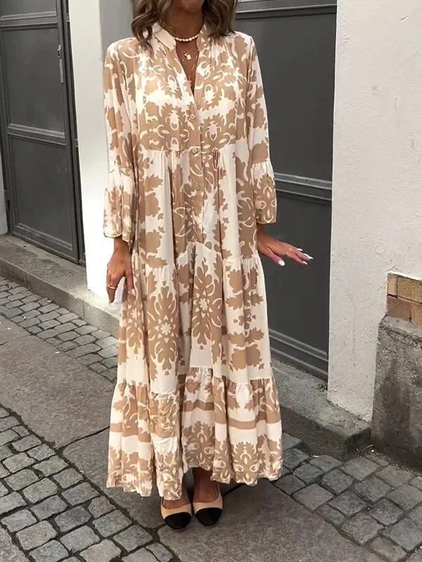 New Women's Fashionable Stand Up Collar Floral Print Flared Sleeves Long Dress Ladies Multi-color Printed Women's Casual Dress