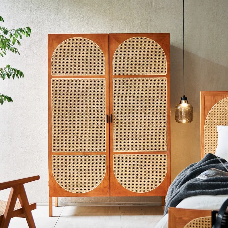 Solid wood rattan swing wardrobe, storage cabinet, hanging wardrobe, bedroom double door wardrobe