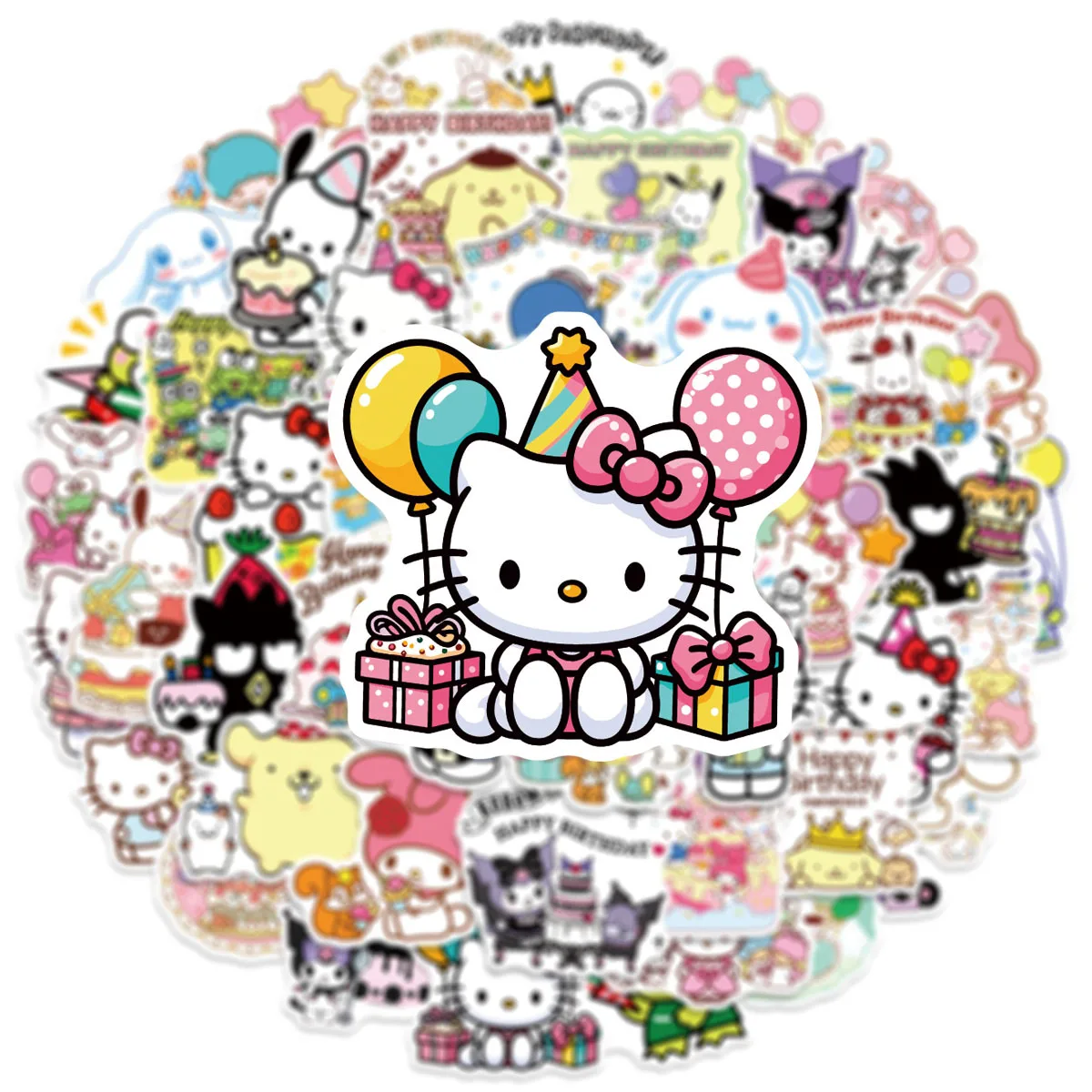 50Pcs 생일 에디션 Sanrio 스티커 생일 파티 선물 상자 기타 스케이트 보드 수하물 장식 방수 스티커