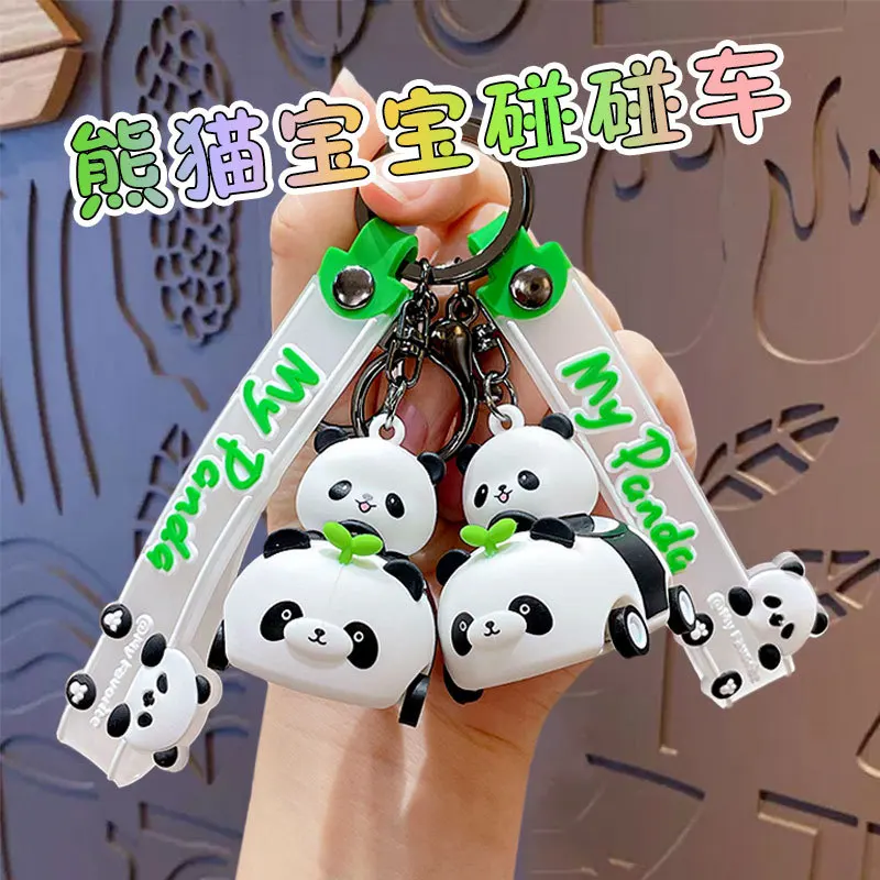 Cartoon Panda Doll Bumper Car Key Chain Cute Animal Decompression Toy Car Pendant Keyring Kawaii School Bag Car Keyholder Gift