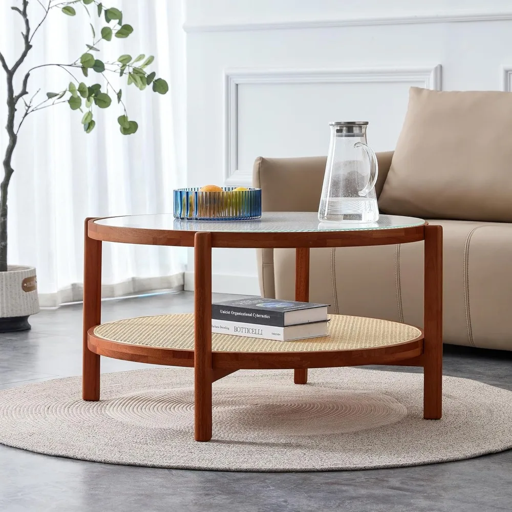 Modern Imitation Rattan Round Coffee Table Round 2-Tier Solid Wood Glass Table Top Sofa Side Tea Table for Living Room Bedroom