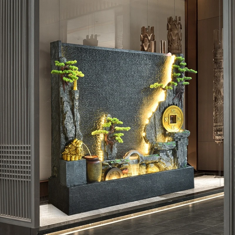 Large floor-to-ceiling water curtain wall, flowing water ornament, screen partition villa, living room landscaping