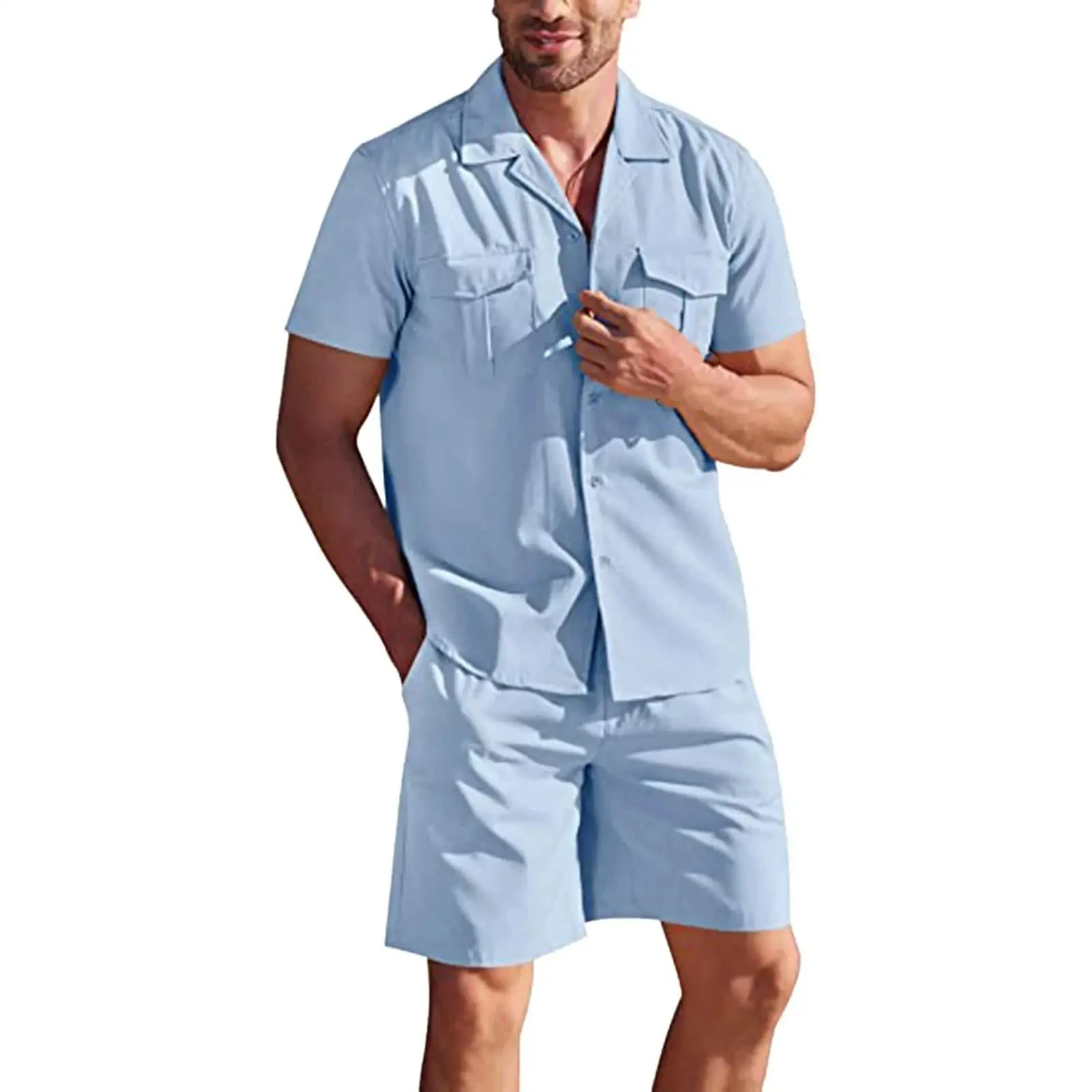 Linen Short Sleeved Shirt Set Loose Casual Cotton Cardigan Shirt+Shorts Safari Men Suit Sets Navy Blue Lapel Summer Beach Wear