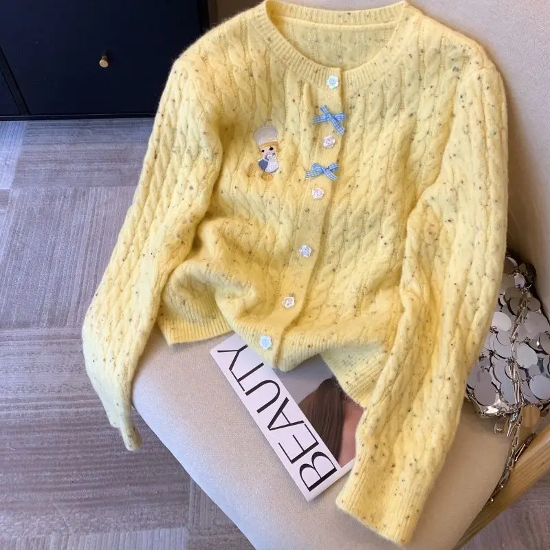 

Y2k O-neck Single Breasted Cardigan 2025 Spring Autumn New Sweaters Coat Women Fashion Sweet Lazy Bow Knitted Tops Mujer