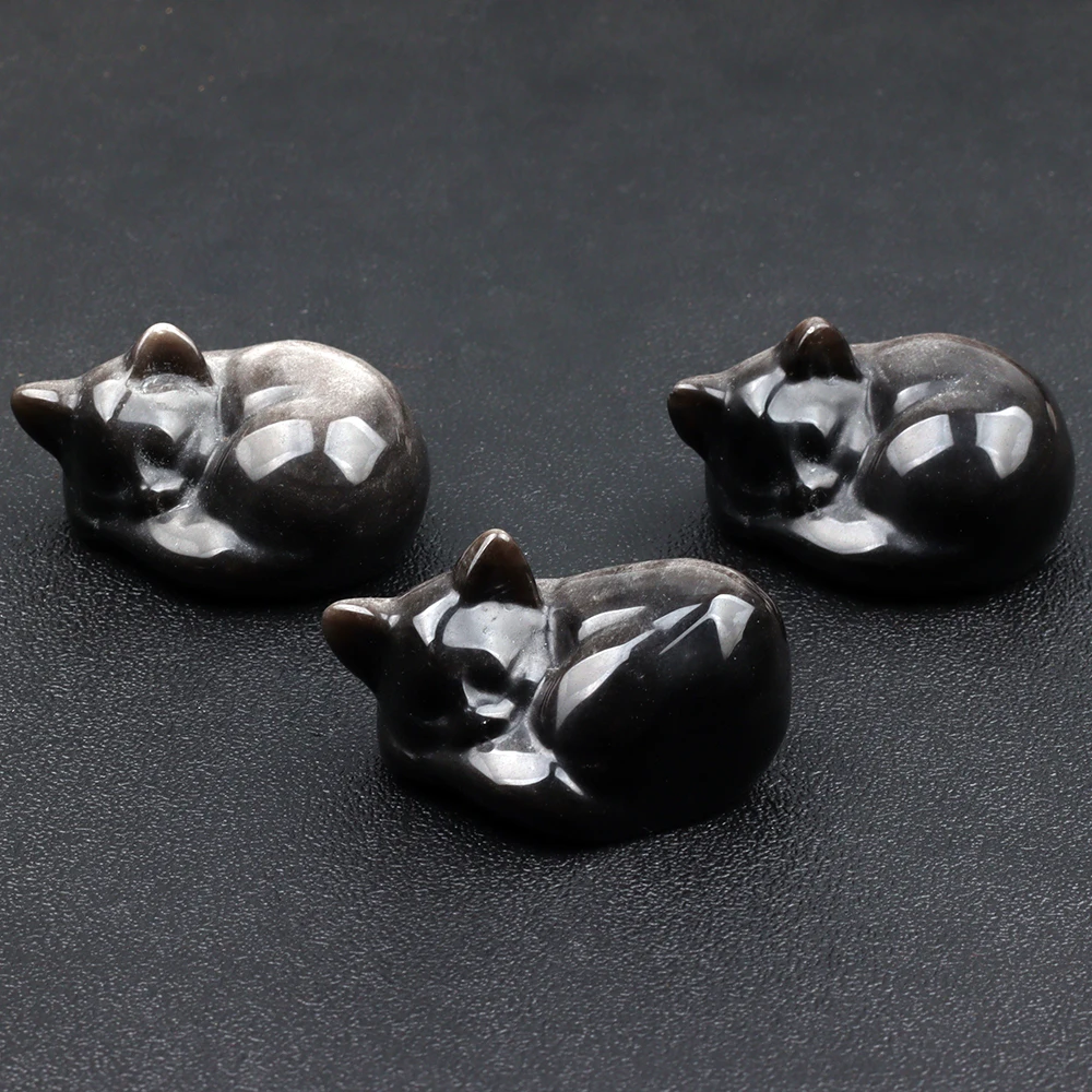 Big Size Silver Obsidian Sleeping Cat Crystal Carved Animal, Natural Stone, Mineral Healing Souvenir, Zoo Theme Decoration, 2.2