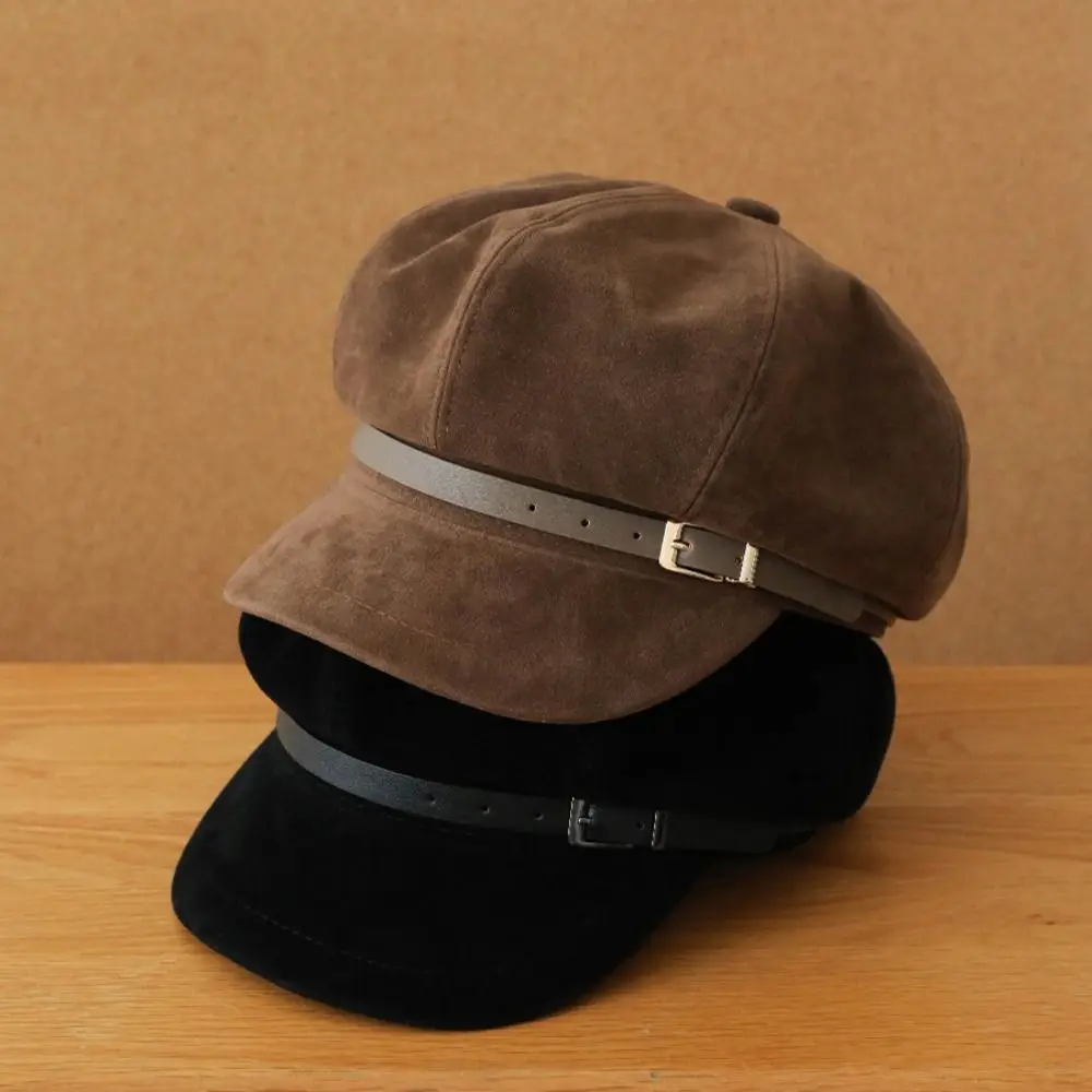 

Casual British Style Pu Leather Beret Brown Belt Buckle Suede Octagonal Hat Newsboy Cap Retro Painter Hat Ladies