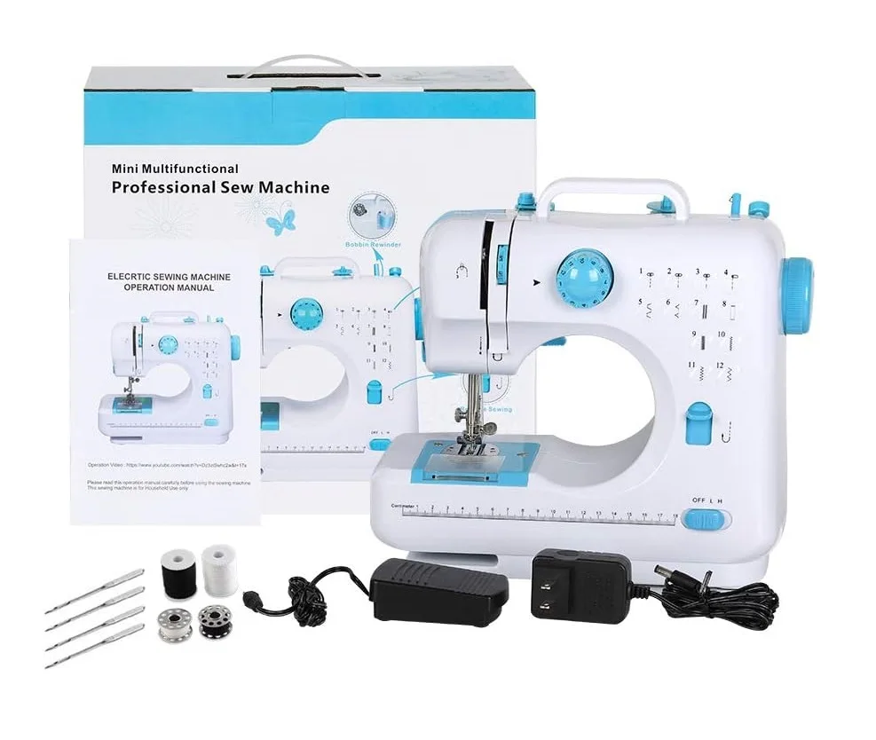 Blue 505 Portable Sewing Machine Double Speeds for Beginner and Kids，Sewing Machine with Reverse Sewing and 12 Built-In Stitches