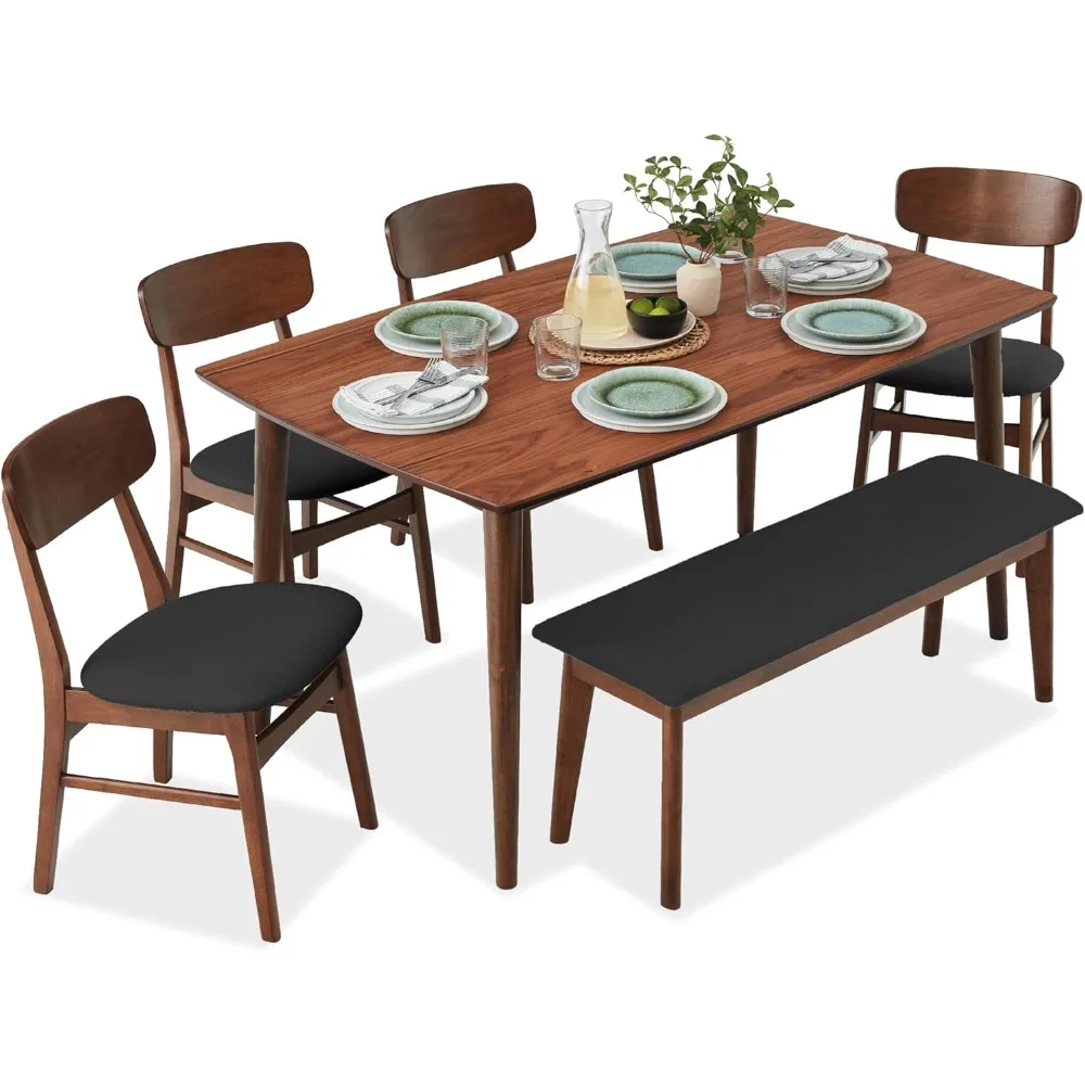 6-Piece Wooden Dining Table Set, Modern Table & Upholstered Chair Set W/Bench Seat, Rubberwood Legs, Dining Tables Sets