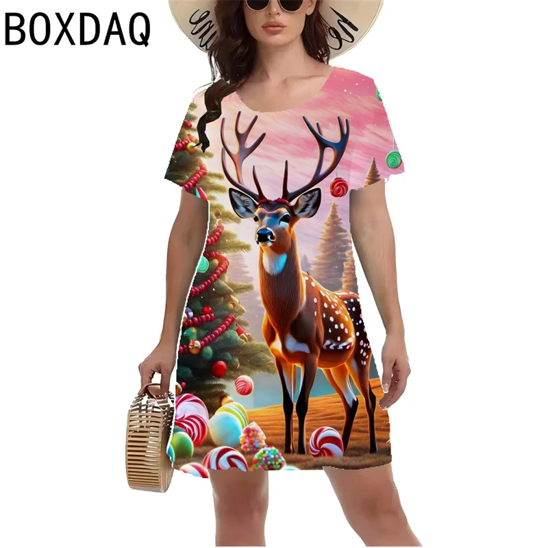 Ladies' New Christmas Collection Style Dress 3D Elk Printed Mini Dress Summer Women Short Sleeve O-neck Casual A-Line Dress