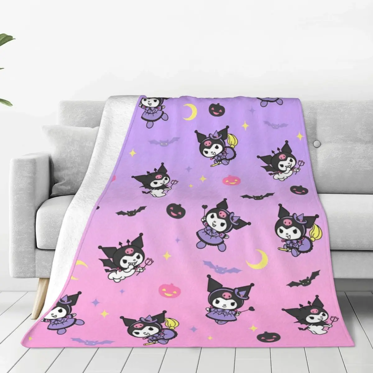 

Kawaii Kuromi Halloween Pumpkin Flannel Throw Blankets Cute Cartoon Blanket for Bed Car Soft Bedspread