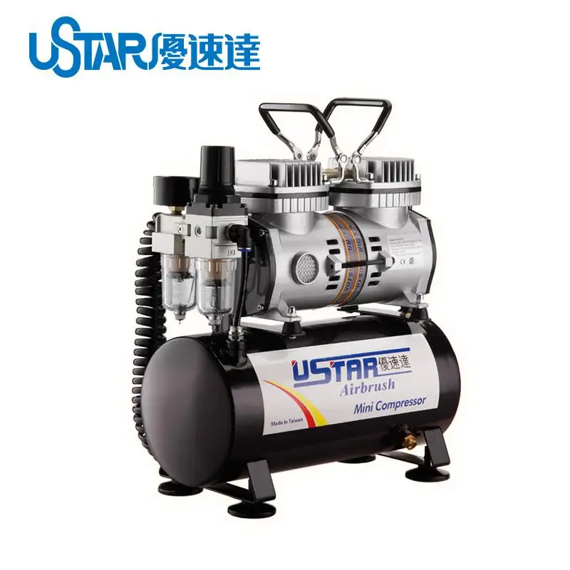 USTAR UA-110014 U-602G Airbrush Mini compressor Dual Piston Silent 8L Gas Tank