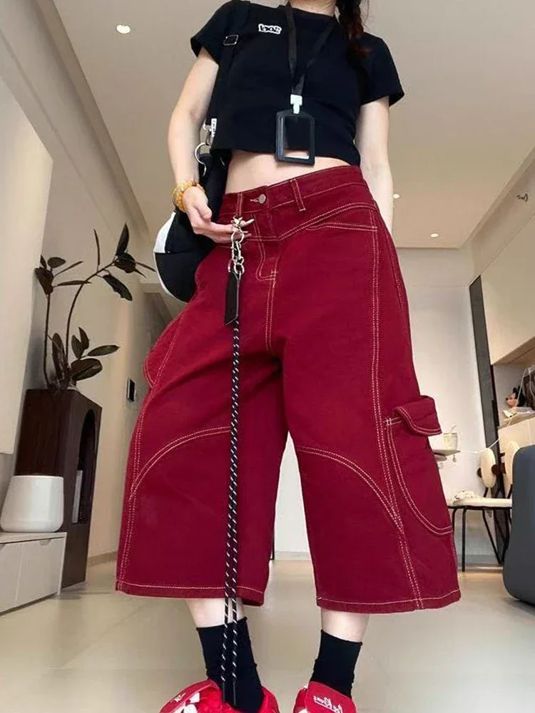 

Женские винтажные красные готические джинсы-карго с высокой талией 90-х годов, эстетические джинсовые брюки Y2k, ковбойские шорты в стиле Харадзюку, короткие брюки 2000-х годов