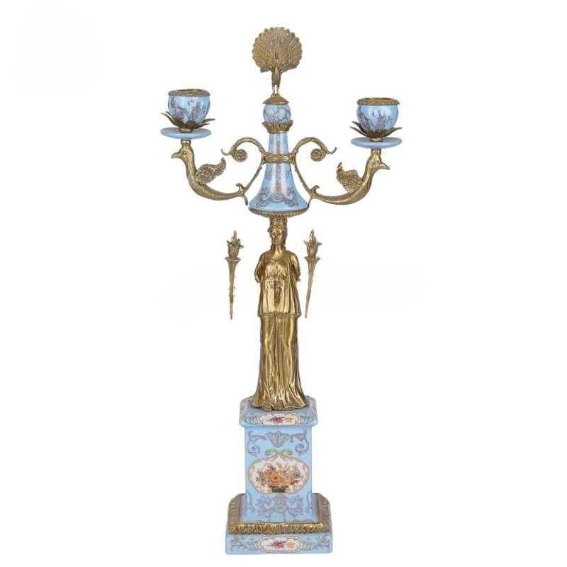 Classical European Muse Candlestick Gold Brass Blue Porcelain Double Arms Antique Candlestick Luxury Home Decoration