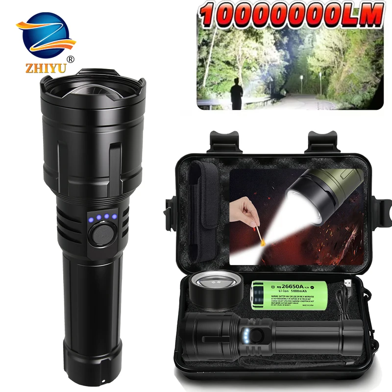Powerful LED Flashlight USB C Rechargeable with Fresnel Lens Flashlight Super Bright Aluminum Zoom Torch Emergency Power Bank