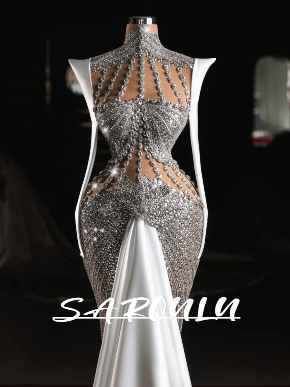 

Luxury Crystals Mermaid Wedding Dress Customized For Women Dazzling High Neckline Beaded Bride Wear Chic Satin Train Bridal Gown