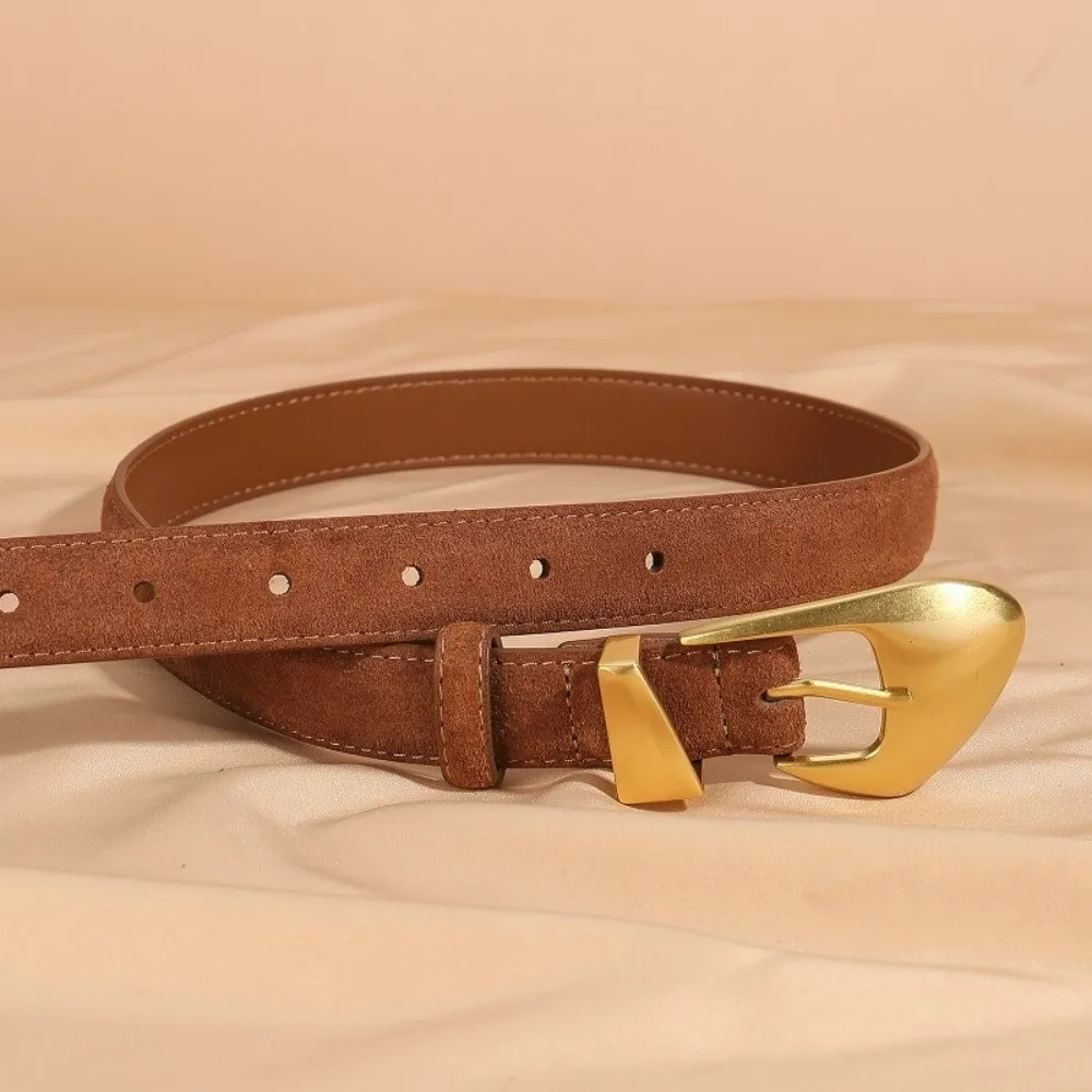 حزام جلد البقر الفاخر من جلد الغزال مع إبزيم ذهبي، حزام خصر نحيف متعدد الاستخدامات، أحزمة فستان بنطلون بلون واحد