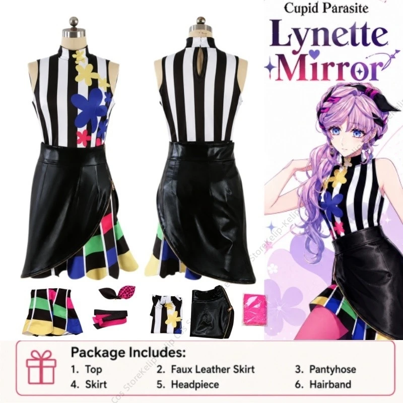 Disfraz de Cosplay de Cupid/Parasite Lynette: Top a Rayas con Estampado Floral, Falda en Capas, Medias, Diadema y Cinta para el Pelo para Halloween y Comic Con