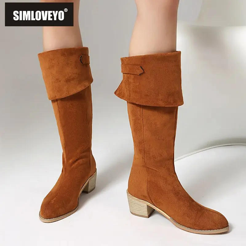 SIMLOVEYO 2025 Winter Flock Suede Slip On Metal Decal Big Size 44 45 Brown Daily Bota Women Knee High Boots Toe Block Heel 6cm