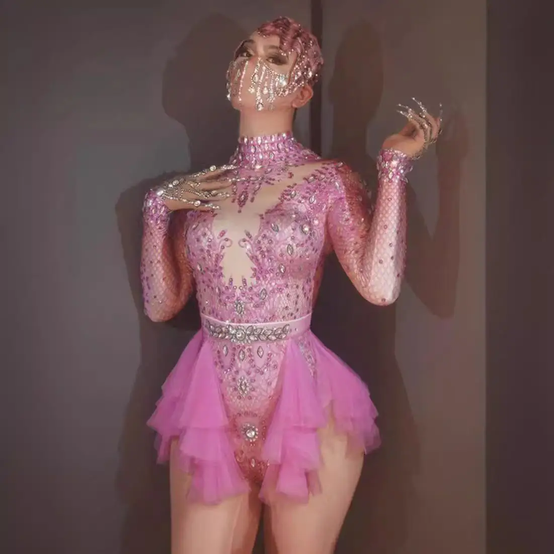 długi rękaw seksowny koronkowy klub impreza urodzinowa trykot pole dance zespół drag queen kostium seksowny różowy body z dżetów strój sceniczny