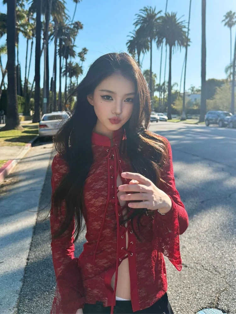 Y2K 감성 레이스 자카드 여성 블라우스 스트리트웨어 섹시한 홀로우 아웃 밴디지 그런지 셔츠 하라주쿠 시스루 빈티지 블루사