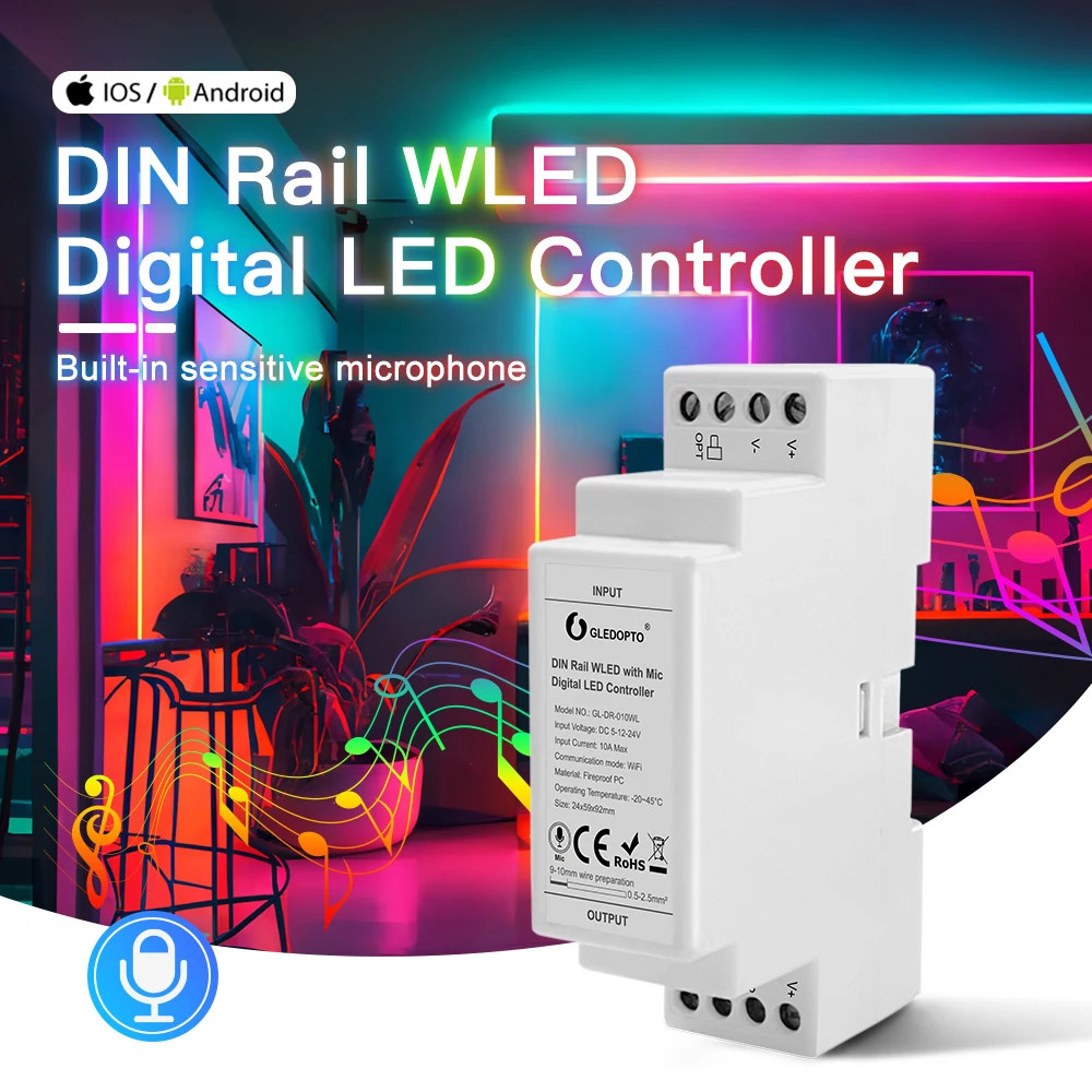 GLEDOPTO Din Rail WLED контроллер RGB IC с микрофоном DIY Динамический режим для WS2811 WS2812 SK6812 TM1814 WS2813 WS2815