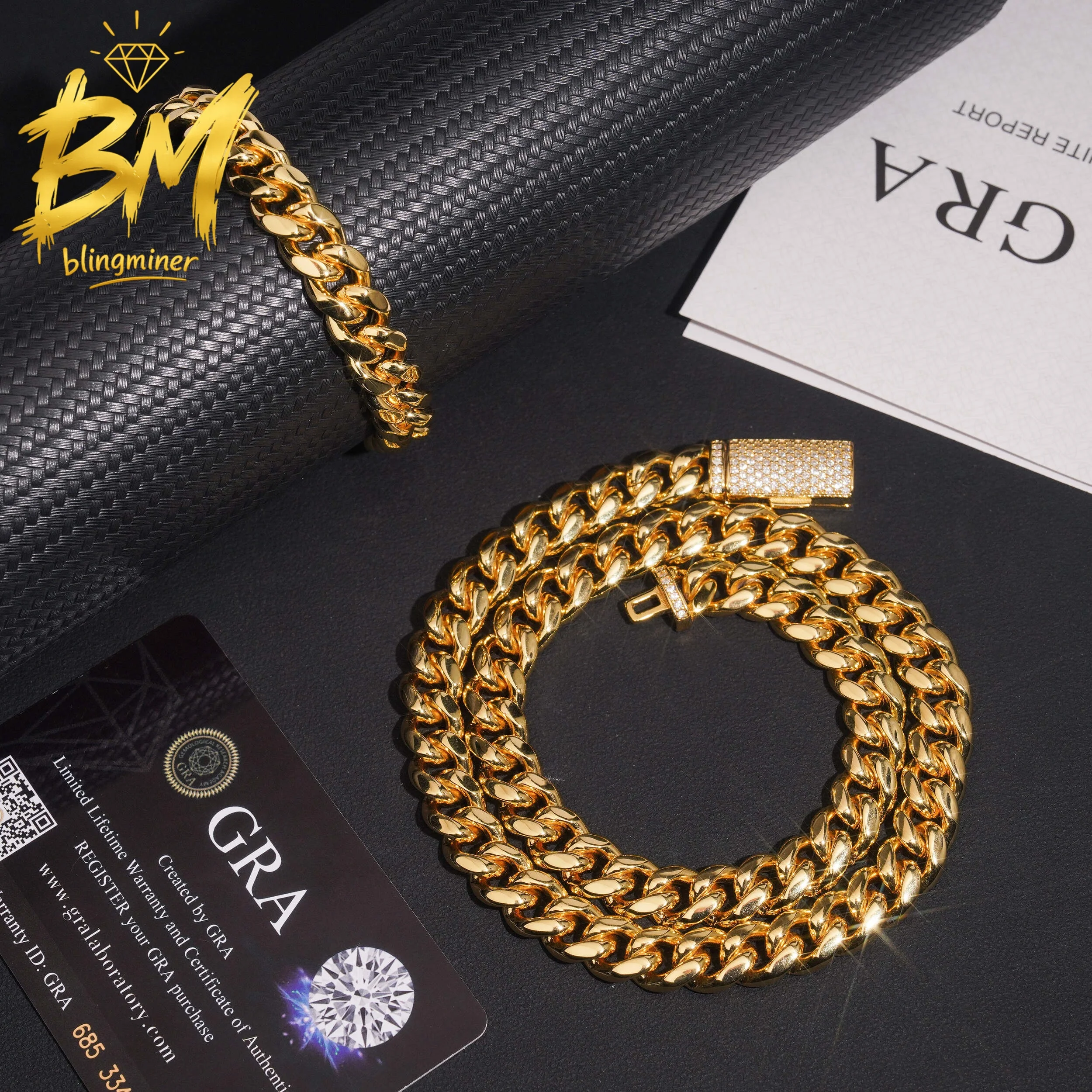 Blingminer 10MM Stainless Steel Moissanite Chain VVS Moissanite Clasp Cuban Link Chain For Men Jewelry Pass Diamonds Tester GRA