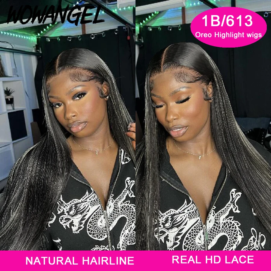 WOWANGEL 13x6 HD Lace Front Human Hair Wig Straight 1B613 Oreo Highlight Wigs Glueless Wig Human Hair Ready to Wear Pre Plucked