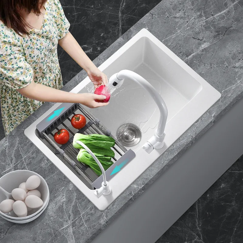 Quartz Kitchen Sink White Under Mount Deep Single Bowl Granite Composite Modern Sink with Complete Accessories for Easy Cleaning