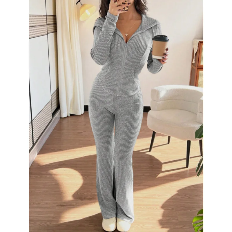 2025 بلون عادية سليم المرأة قطعتين مجموعات أنيقة الخريف كامل بنطلون مجموعة الإناث السراويل مجموعات الزي الملابس #1