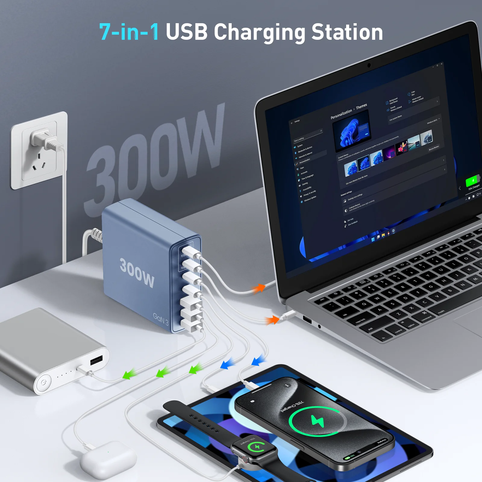 شاحن USB C سريع 300 وات: 7 منافذ USB محطة شحن Hub Brick - Dual PPS PD 100 وات شاحن حائط للكمبيوتر المحمول