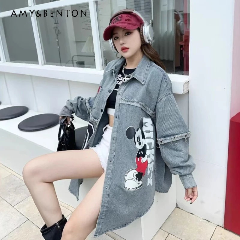 

2026 Spring New Korean Style Loose Casual Versatile Cartoon Embroidered Denim Shirt Coat Women's Long Sleeves Top Jacket Ladies