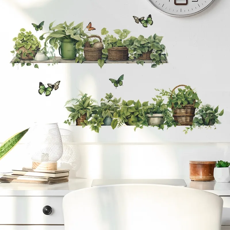 Tropical Green Plants Potted Butterfly Fly 3D Vinyl Wall Stickers for Home Decoration Aesthetic Room Landscaping Art Mural