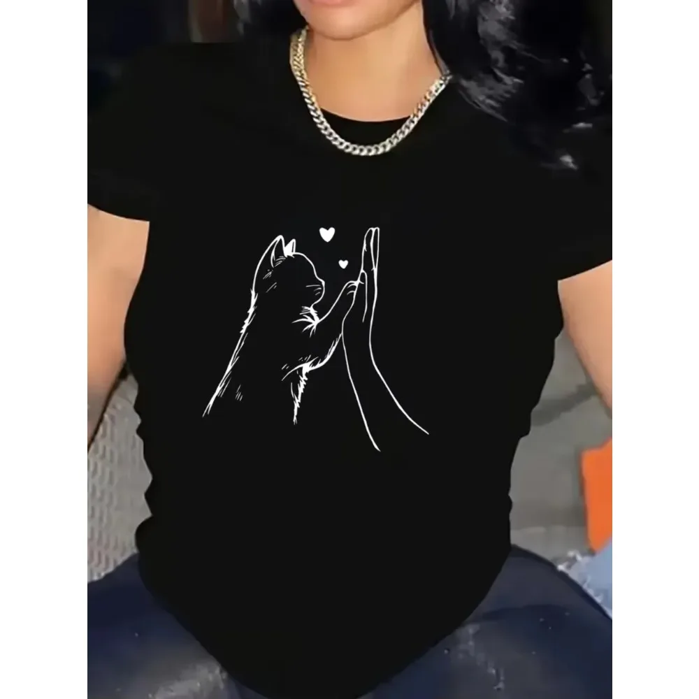 Comfortable Lovely Cat Paw Heart Print Cotton T-Shirt Short Sleeve T Shirt Women's T-Shirt Oversize Fashion Clothing Top Tee Men