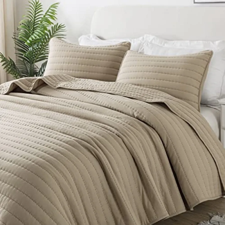 

Cream Tan Size Quilt Bedding Sets with Pillow Shams Lightweight Soft Bedspread Coverlet Quilted Blanket Thin Comforter Bed Cove