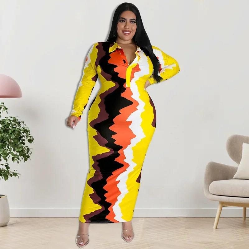 KEXU Mode Plus Size Damesjurken Street Trend Wave Print Maxi-jurk Chique Elegant Casual Grote maat Reversjurk met lange mouwen