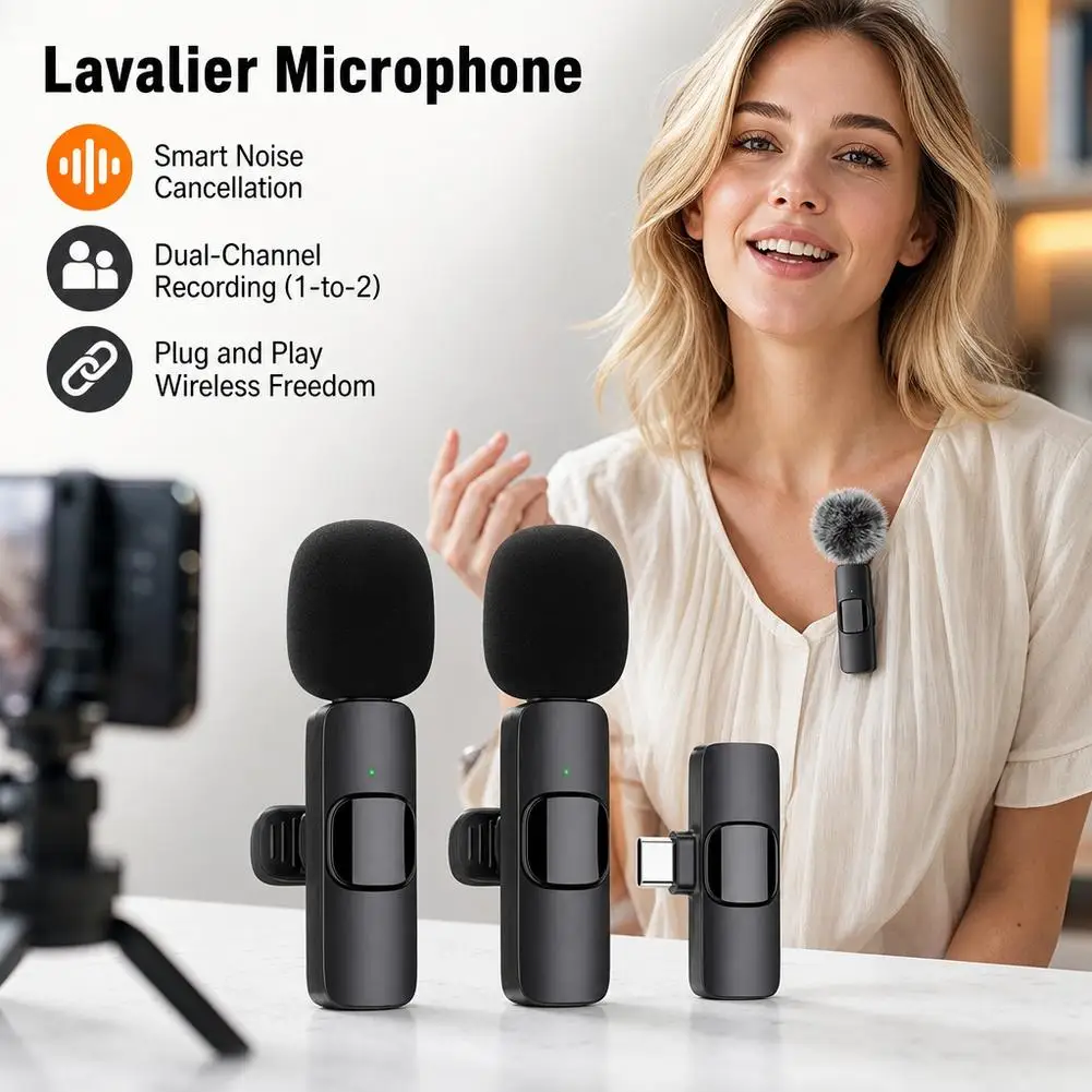 Wireless Lavalier Microphone 1 to 2 with 20m Range Noise Cancellation USB C Clip On Mic for iPhone 15 16 17 Vlog Recording