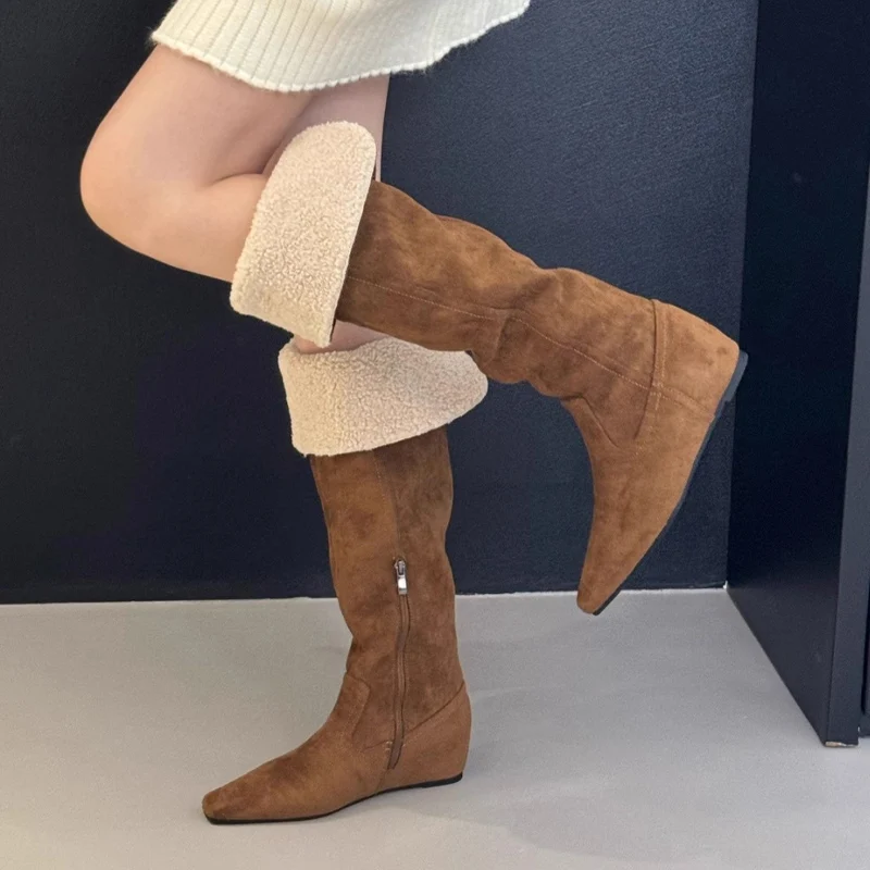 الفراء النساء فوق الركبة الثلوج الأحذية الشقق أحذية قطنية امرأة 2025 الشتاء أنيقة الدافئة أحذية طويلة أحذية مشي غير رسمية Mujer بوتاس #4