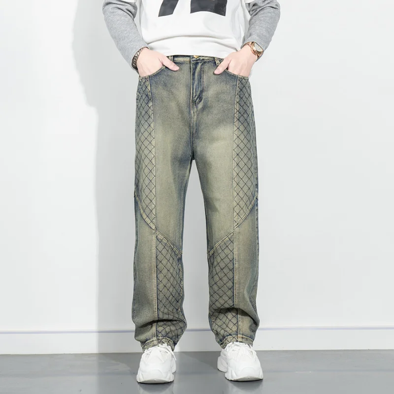 

New Teenage Men Jeans With Trendy Embroidery Fashion Casual Loose Fitting Straight Leg Retro Vintage Denim Pants