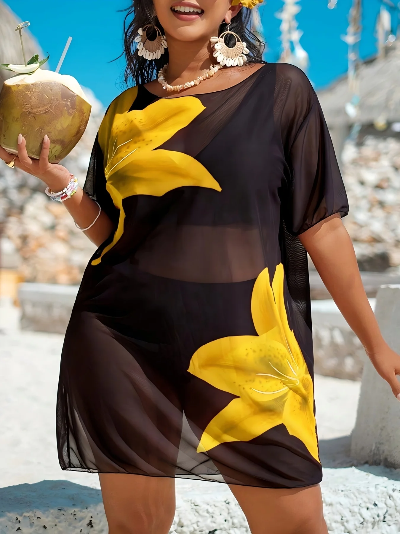 Vestido de Playa MOXDO Talla Grande con Estampado Floral - usage example