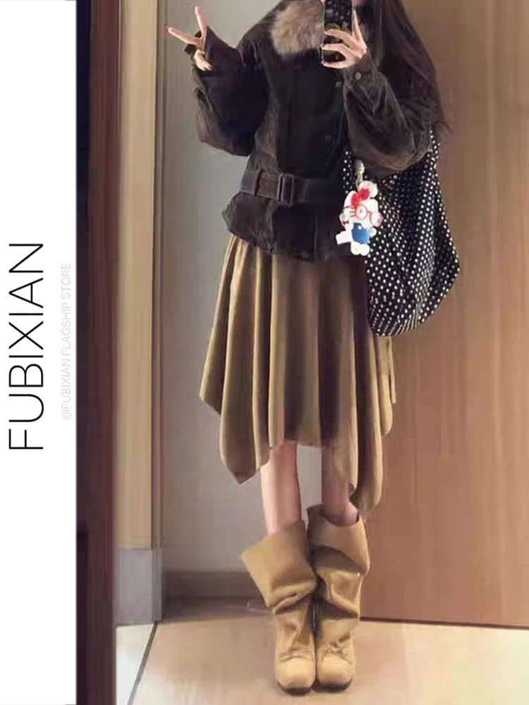 

Ретро-юбка из коричневой замши в американском стиле для женщин, новая весенняя модель с асимметричным кроем, универсальная юбка средней длины, винтажная юбка для девушек