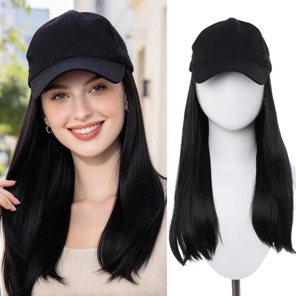 18 Inch Synthetic Hair Extension Baseball Cap Wig Hat With Hairpiece,Black Color,For Women Christmas New Year Carnival Music