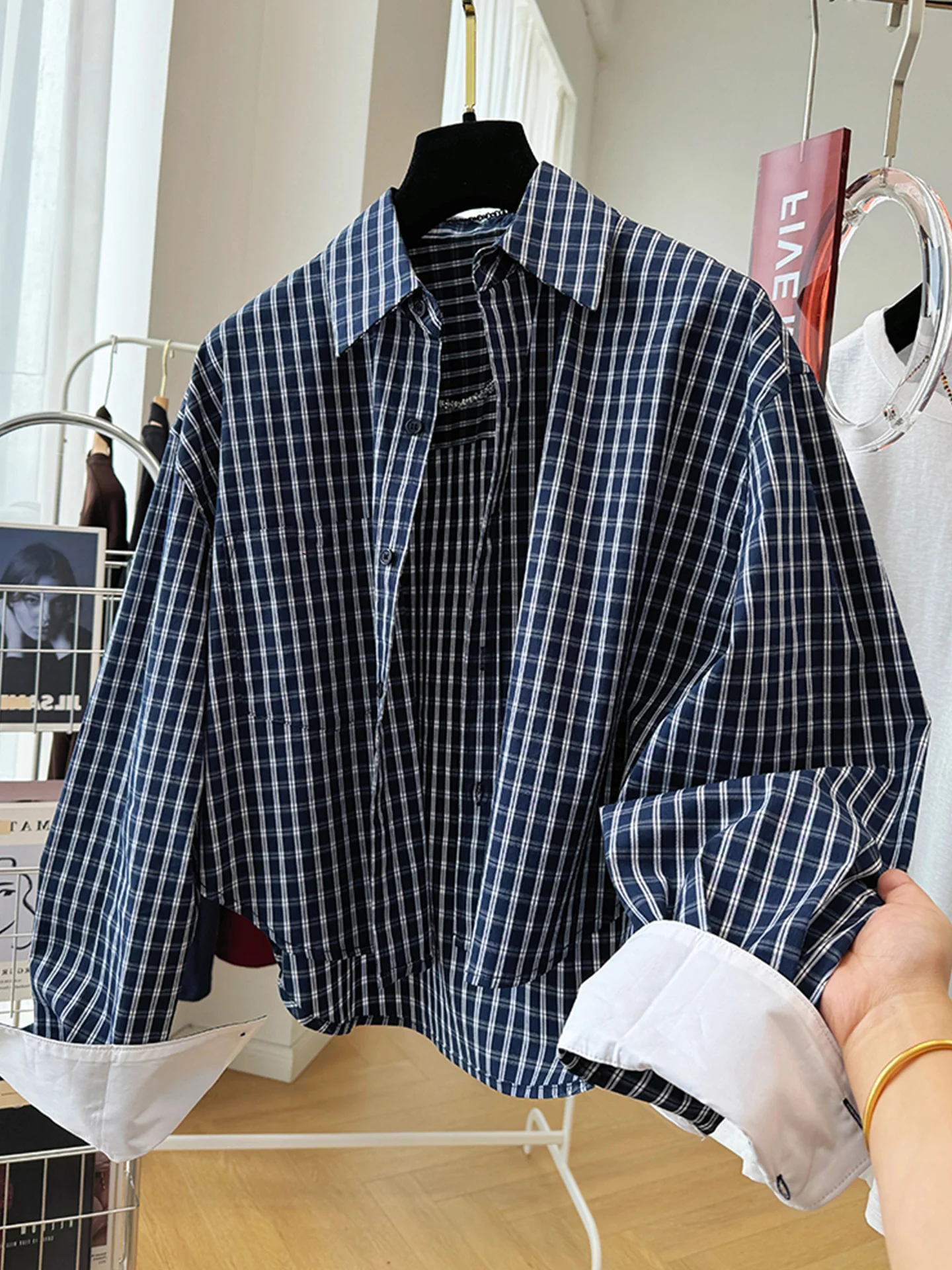 

Slimming Plaid Long Sve irt Color Blo Summer Busin Casual Loose Fit Collar Commute Sle Women's Faion Top